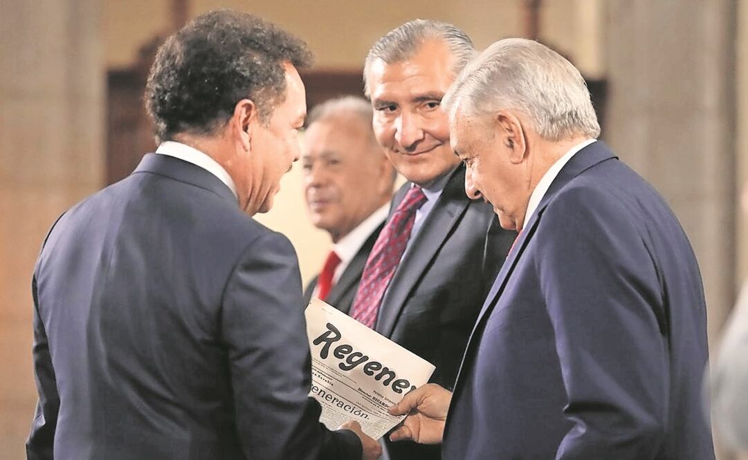 Adán Augusto López, secretario de Gobernación; el presidente López Obrador, y el diputado de Morena Ignacio Mier, en la reunión. Foto: Presidencia.