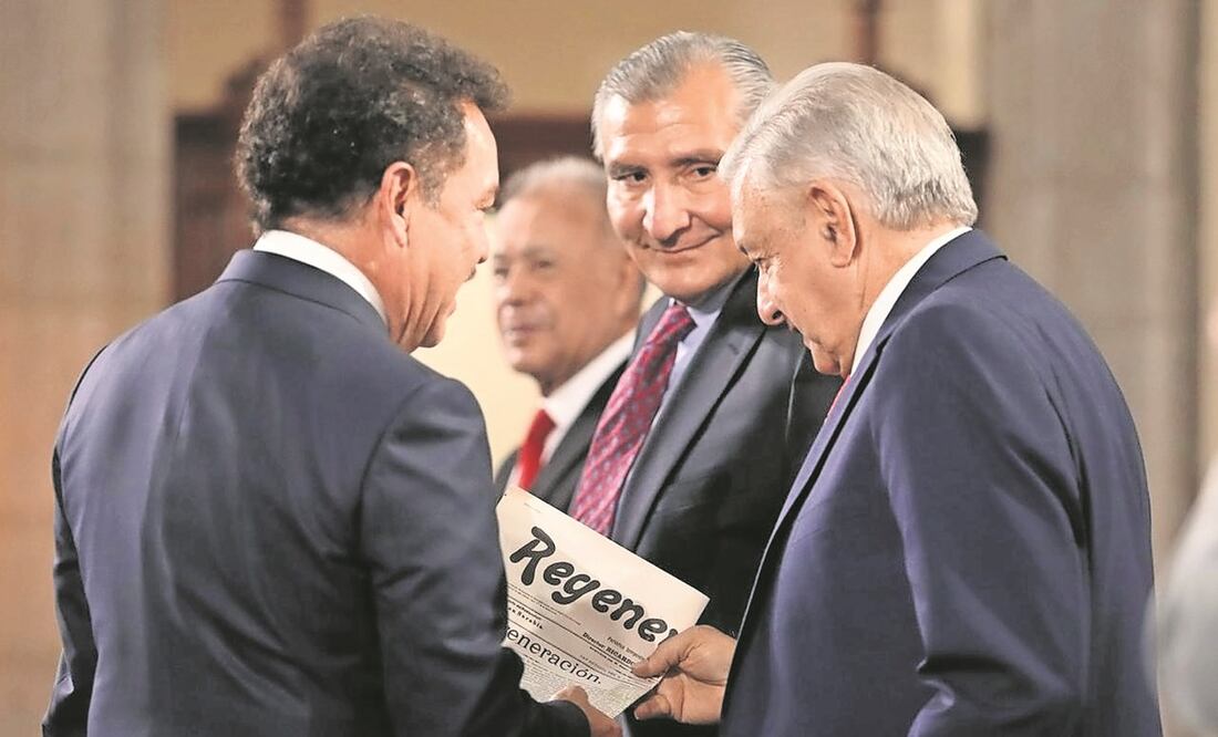 Adán Augusto López, secretario de Gobernación; el presidente López Obrador, y el diputado de Morena Ignacio Mier, en la reunión. Foto: Presidencia.