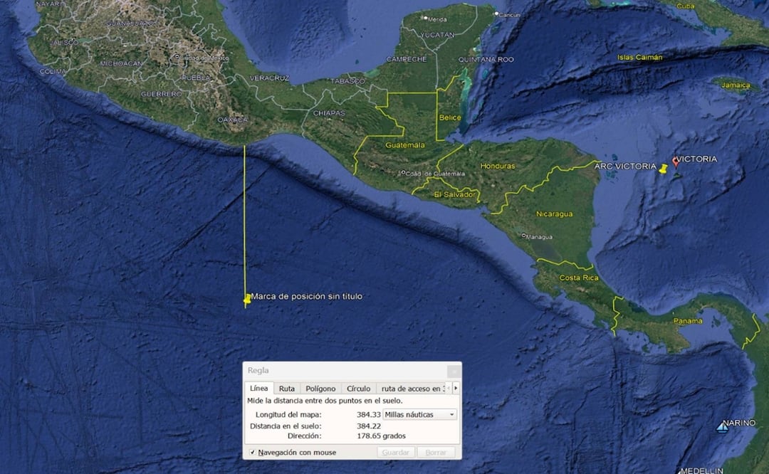 El mapa publicado por Gustavo Petro señala que el ataque de EU a presuntas narcolanchas ocurrió en el mar Pacífico, a 384.33 millas náuticas de Oaxaca. Foto: X vía @petrogustavo