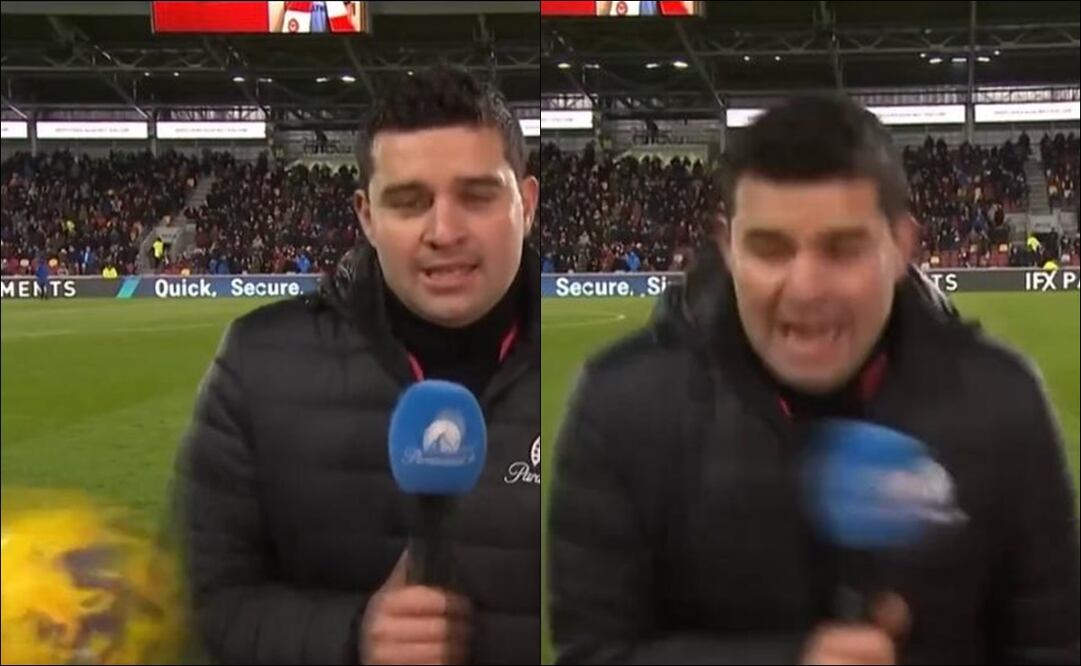 Corresponsal recibe duro pelotazo durante una transmisión de la Premier League / FOTO: ESPECIAL