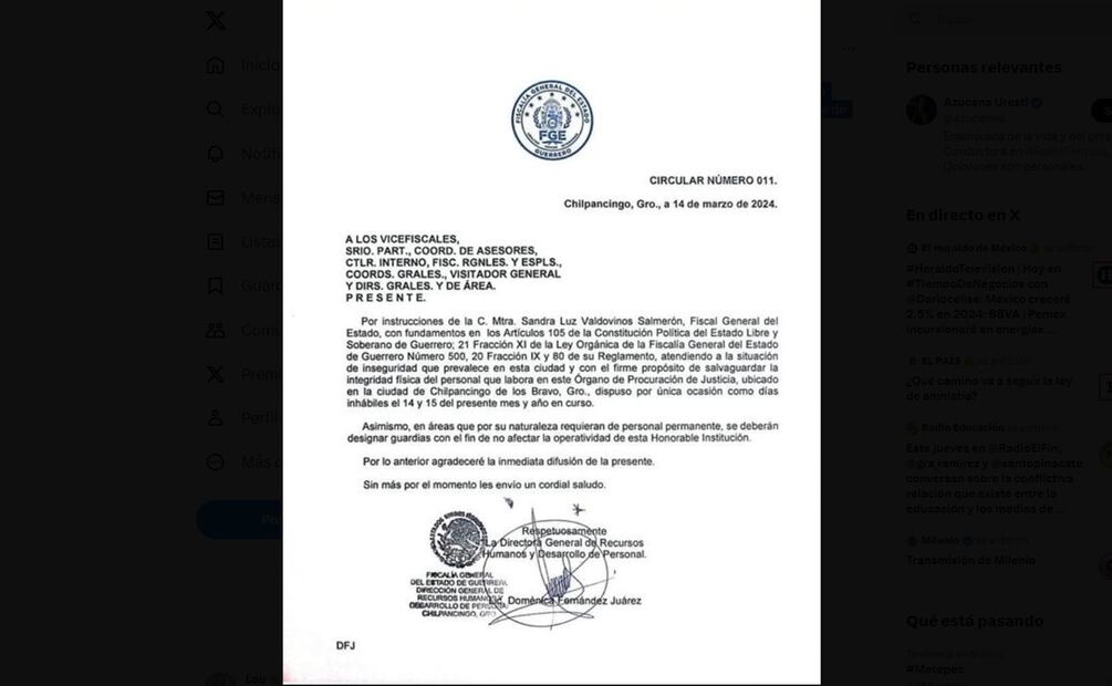 Comunicado de la Fiscalía General del Estado de Guerrero. Foto: Especial