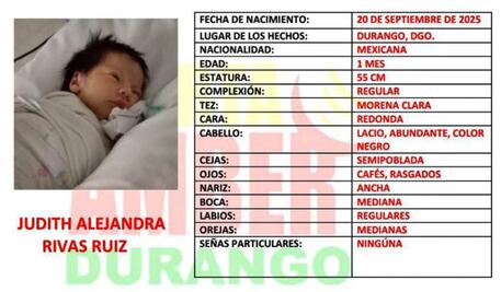 Emiten Alerta Amber por el robo de una bebé de un mes de nacida en hospital infantil de Durango