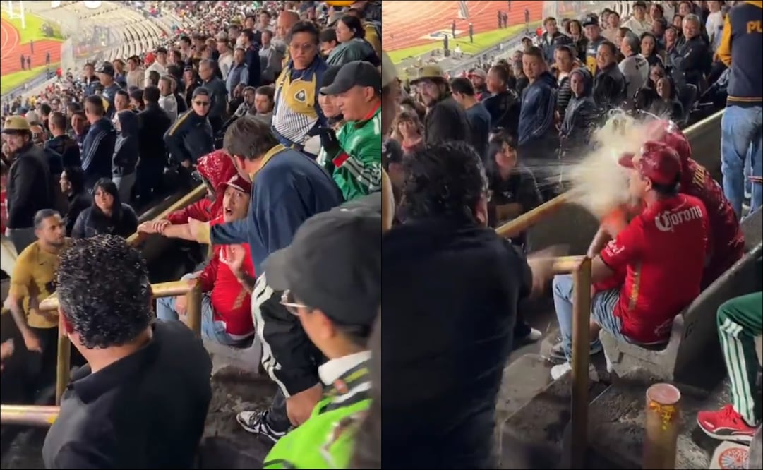 Aficionado del Toluca recibe una lluvia cerveza, durante el Pumas vs Diablos Rojos en el Olímpico Universitario. FOTO: Capturas