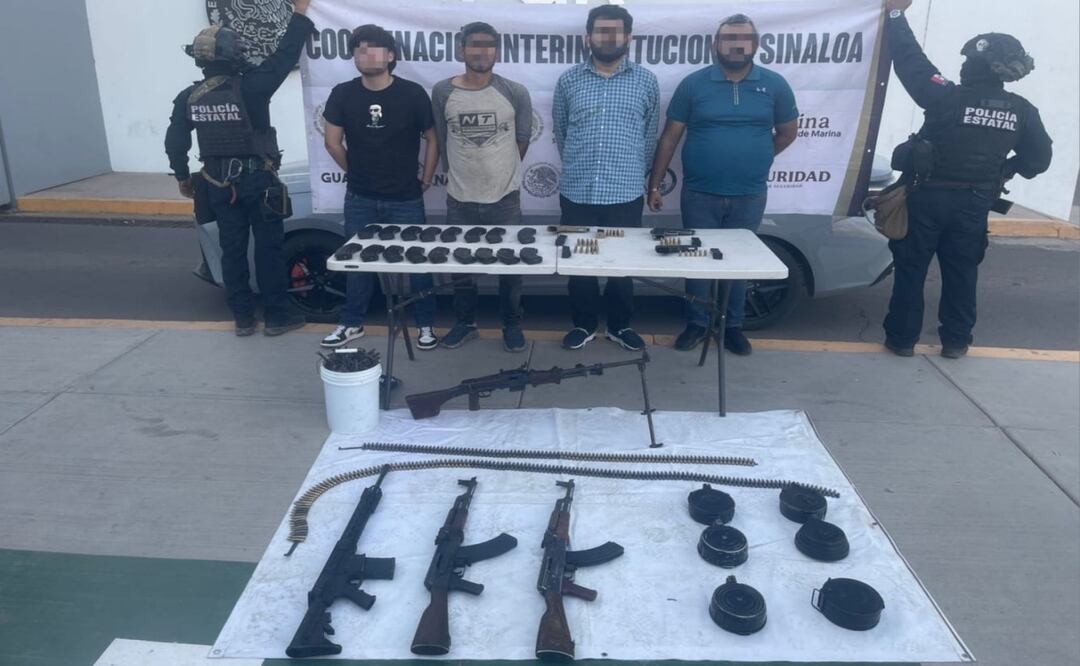 Detienen a cinco en Angostura, Sinaloa; aseguraron armas, cargadores y un vehículo robado. Foto: Especial