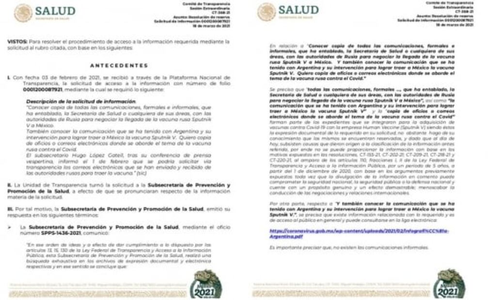 Reservan por 5 años expediente de negociación que trajo vacuna rusa Sputnik V a México