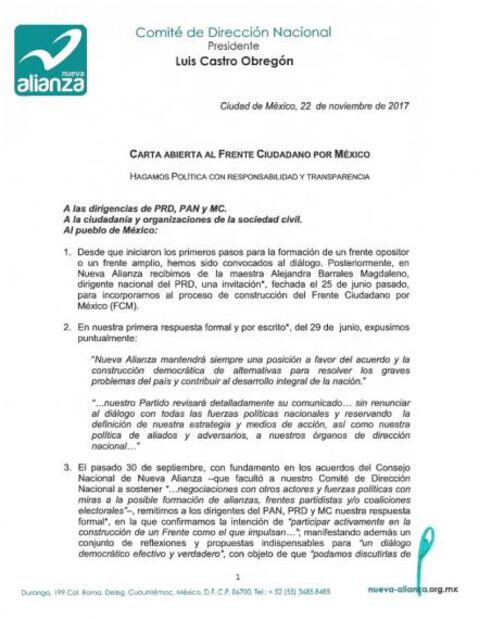 Retira Nueva Alianza solicitud para sumarse al Frente