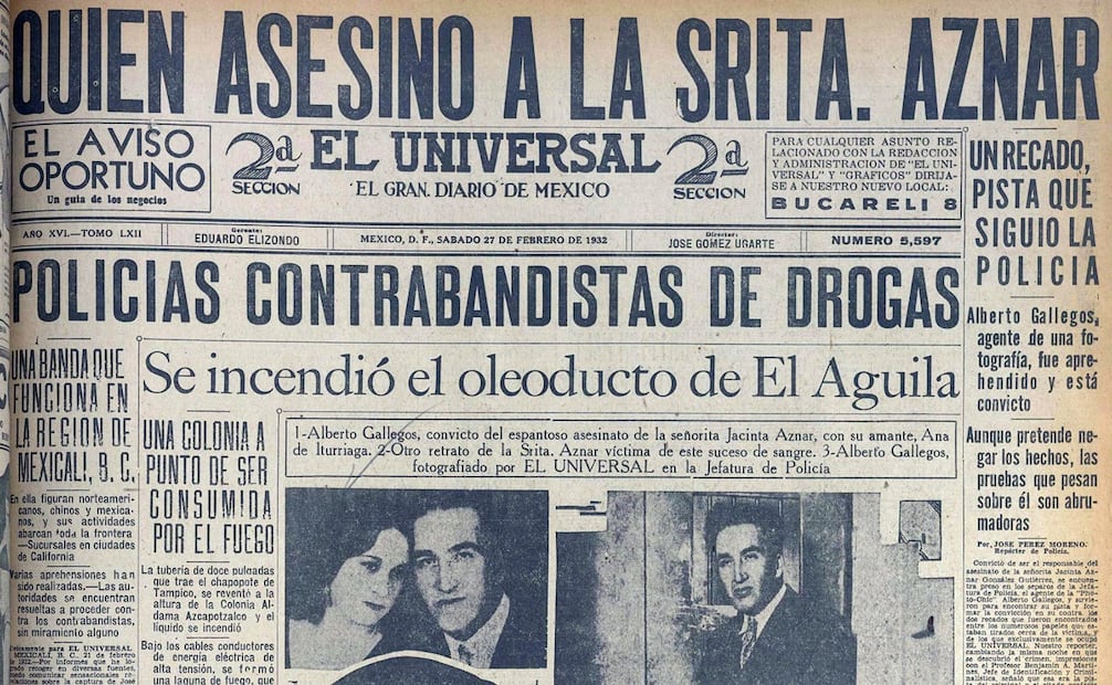 Retratos de Gallegos, acusado por el asesinato de Jacinta Aznar, acaudalada dama soltera. El caso impactó tanto en CDMX que las averiguaciones se veían afectadas por las multitudes de curiosos. Hemeroteca EL UNIVERSAL.