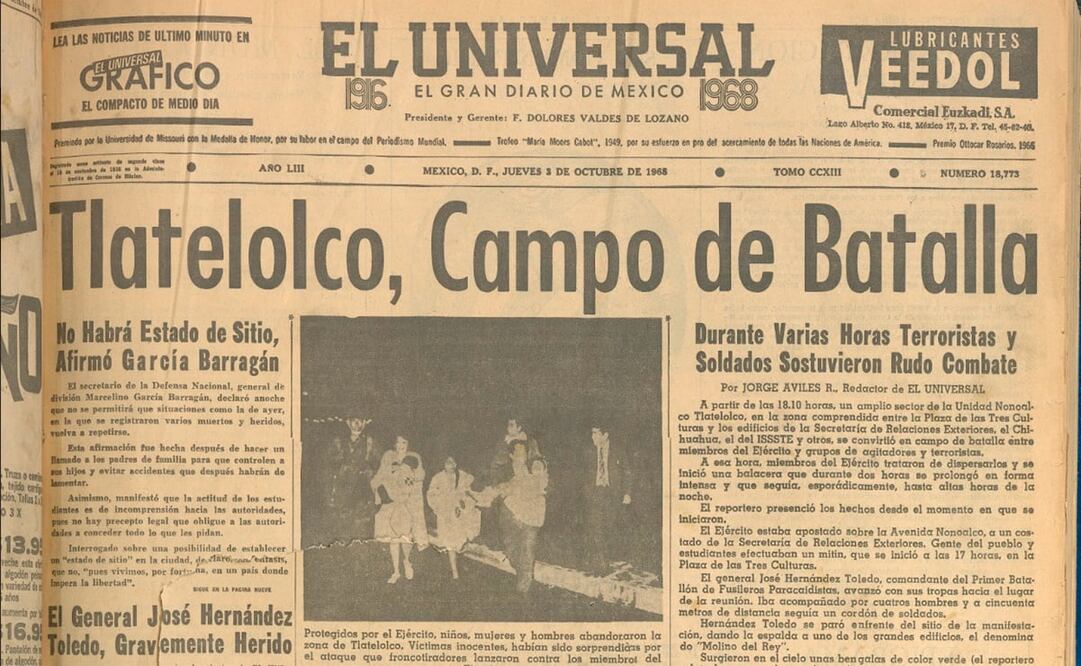 Portada del 3 de octubre de 1968 de EL UNIVERSAL. Foto: Hemeroteca El Universal