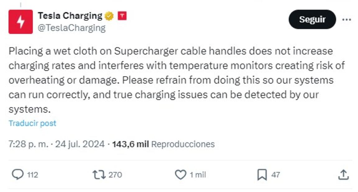 Respuesta de Tesla al truco viral. Foto: X @TeslaCharging
