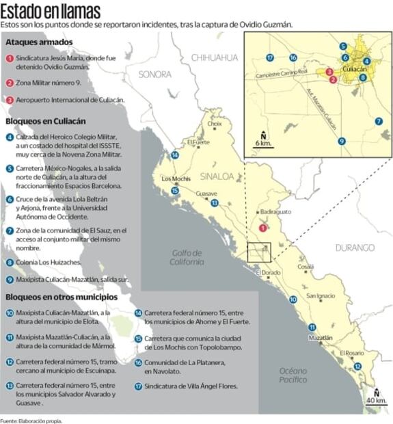 Mapa: Segundo “Jueves Negro”, aquí se registraron actos de violencia en Culiacán