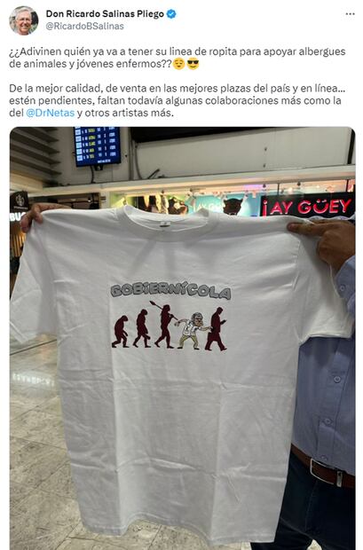 El empresario Ricardo Salinas Pliego presentó el diseño de su nueva línea de ropa llamada “Gobiernícola”. Foto: Twitter. @RicardoBSalinas