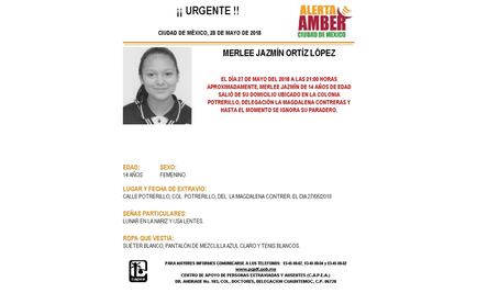 Alerta Amber. Buscan a Merlee Jazmín Ortíz en Magdaelena Contreras 