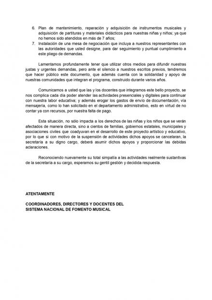 Maestros y directores de Fomento Musical denuncian impago en lo que va del año