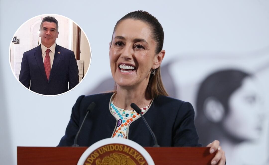 La presidenta de México, Claudia Sheinbaum, habla durante una rueda de prensa este lunes, en el Palacio Nacional y el presidente nacional del PRI, Alejandro Moreno. Fotos: EFE y Especial