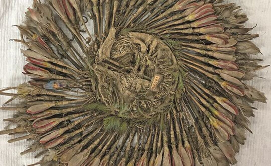 El objeto plumario, que está en el Musée du quai Branly, en París, es circular, pesa 80 gramos, mide 28 centímetros de diámetro y al centro tiene tejidos 211 bastoncitos. Fotos: cortesía Leonardo López Luján, María Olvido Moreno G. y Laura Filloy Nadal.