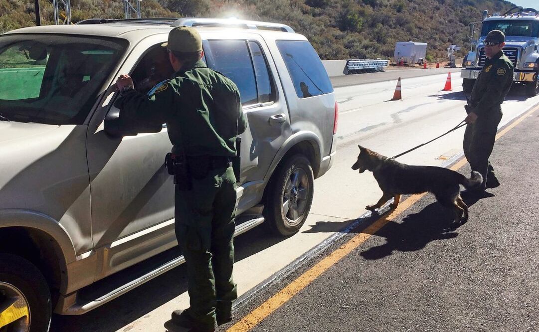 Agentes de la Patrulla Fronteriza usan un perro detector de drogas para revisar vehículos, en un punto de inspección en la ruta San Diego-Arizona. (18/02/2025) Foto: AP