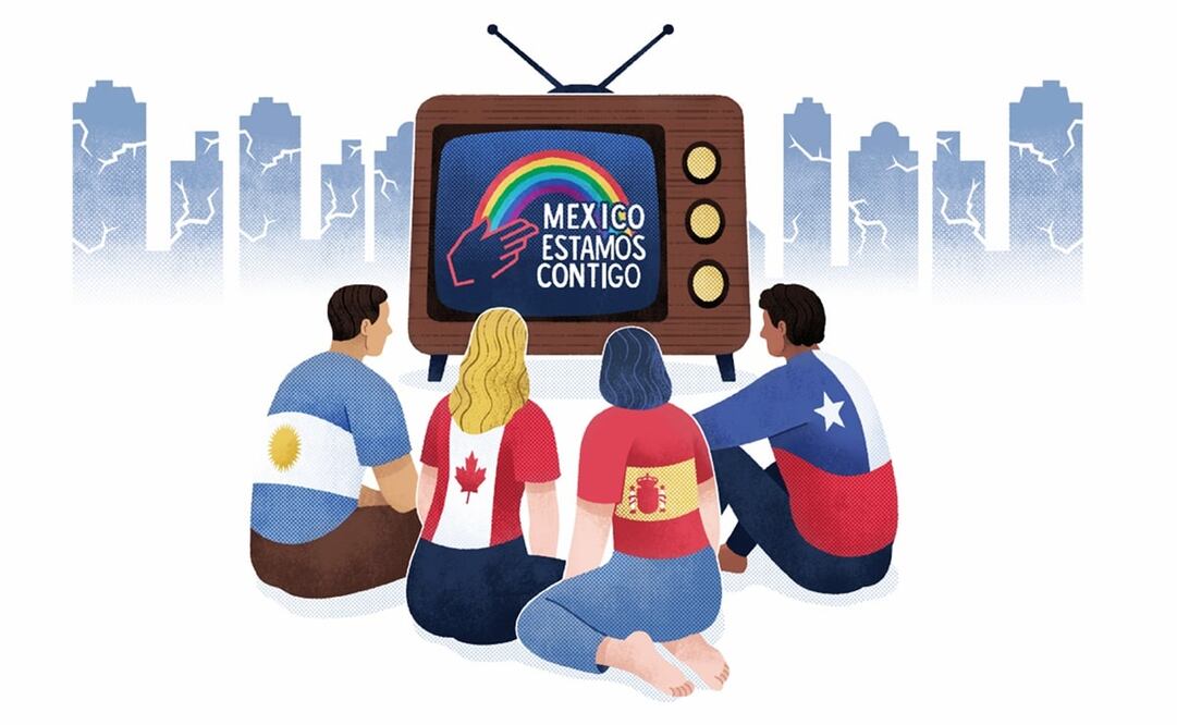 El mundo no fue indiferente a la desgracia ocurrida hace 40 años. Iniciativas como “México, Estamos Contigo” recaudaron bastantes fondos para la atención de víctimas y la reconstrucción de México. Ilustración: Iván Vargas/EL UNIVERSAL.