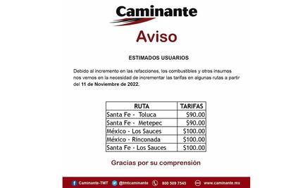 Sube precio de autobuses Caminante que conectan con el Valle de Toluca