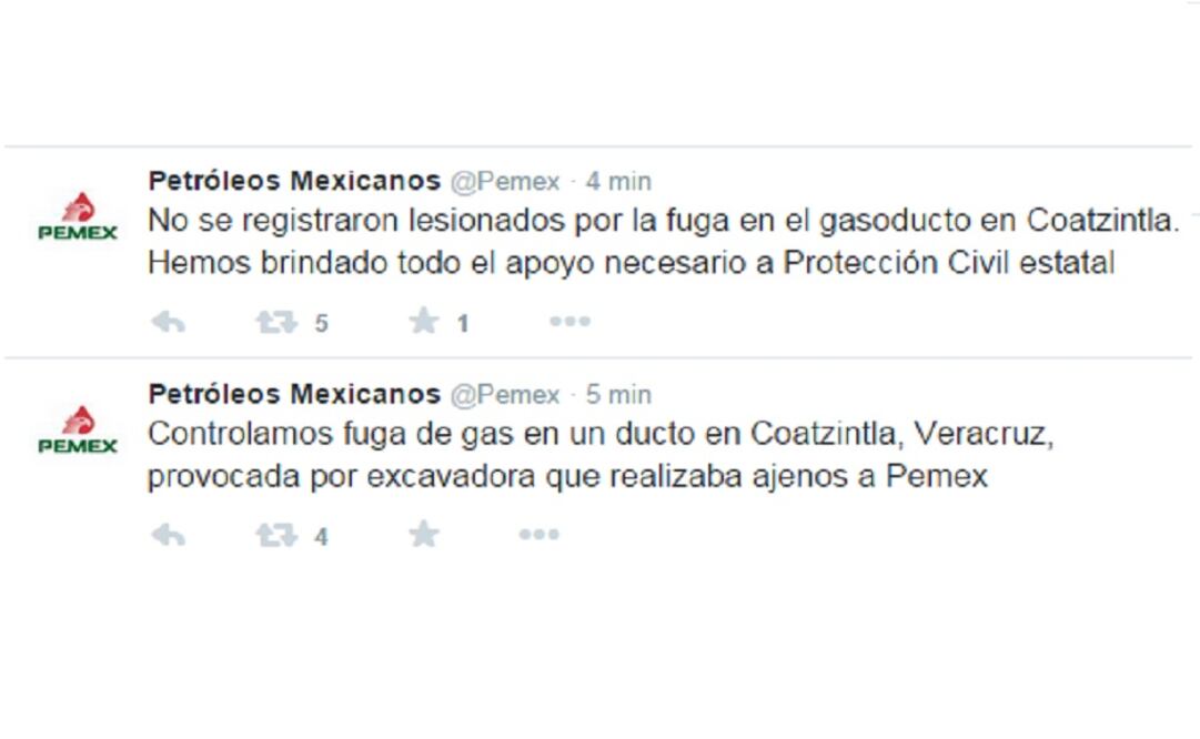 On Twitter Pemex announced that the gas leak was under control and that no one was injured as a result of the explosion. (Photo: Taken from Twitter) 