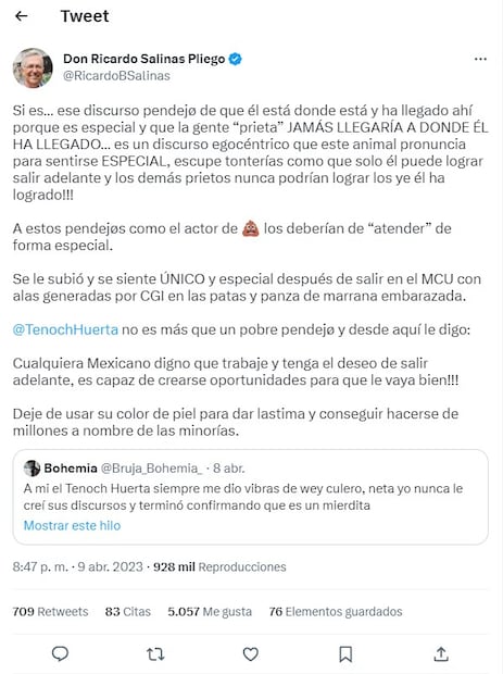 Ricardo Salinas Pliego mostró su descontento con Tenoch Huerta. Foto: Captura de pantalla tomada de Twitter