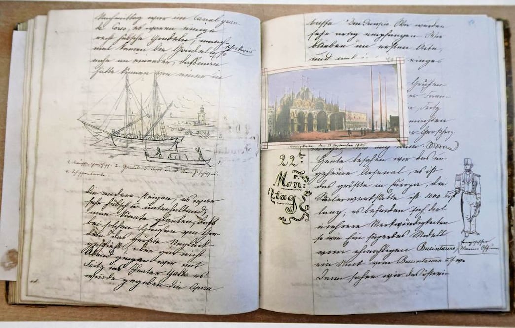 Crédito: IMAGEN DEL LIBRO Maximiliano y su diario de 1863 con dibujos del archivo Hof und Staat satchiv de Viena. Crédito: Diario, del 9 de marzo de 1844 al 17 de octubre de 1845, f. 7.