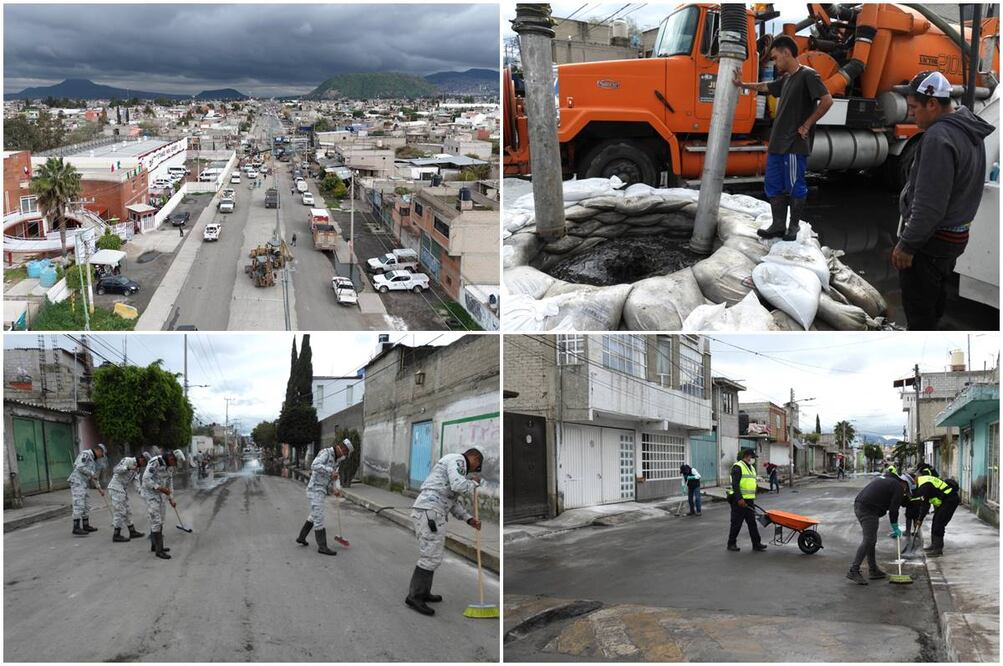 Tras inundaciones en Chalco, limpian y sanitizan calles de las colonias Jacalones y Culturas de México. Foto: Especial