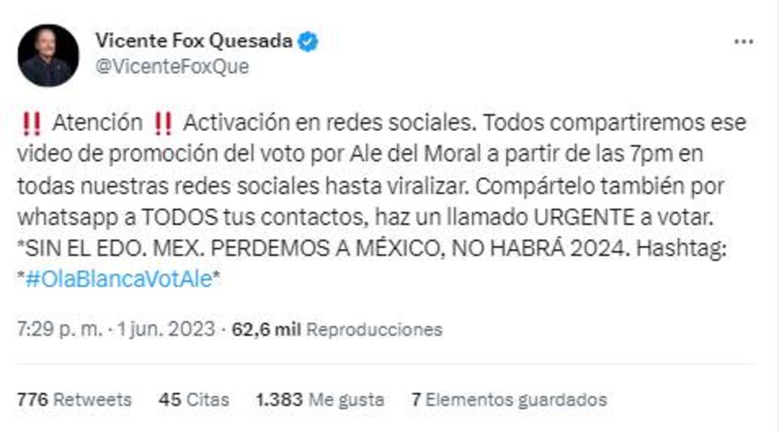 El expresidente invitó a los usuarios a difundir un video promocional de la candidata de Va por México, Alejandra del Moral / Foto: Captura de tuit
