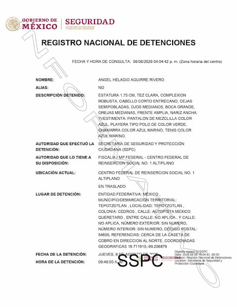 Registro de la detención del exgobernador de Guerrero, Ángel Aguirre. Foto: Registro Nacional de Detenciones
