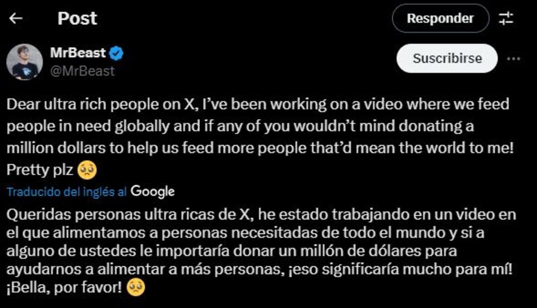 MrBeast critica a “ultra ricos” tras lanzar reto en X. Foto: Captura de pantalla