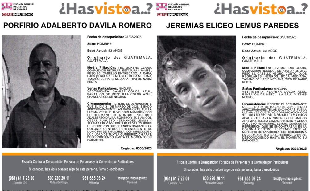 Fichas de búsqueda de Porfirio y Jeremías, hombres desaparecidos en Chiapas (24/04/2025). Foto: Especial