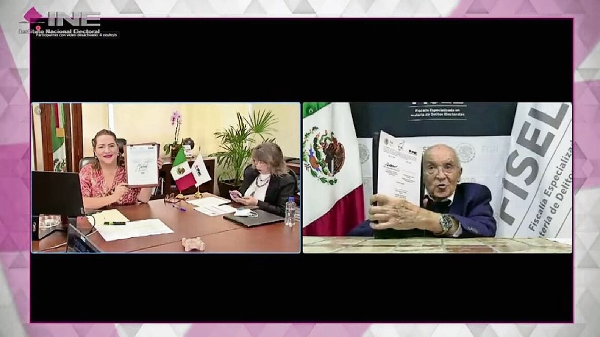 La consejera presidenta del INE, Guadalupe Taddei Zavala, y el titular de la Fisel, José Agustín Ortiz Pinchetti, firmaron un convenio de colaboración previo al arranque de las precampañas del proceso electoral 2023-2024. Foto: Tomada de Redes Sociales