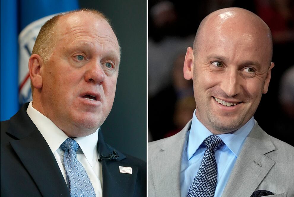 Tom Homan, a la izquierda, se ve en una foto del 26 de abril de 2018 en East Point, Georgia, y Stephen Miller, a la derecha, se ve en una imagen del 9 de octubre de 2024, en Reading, Pensilvania. Foto: AP