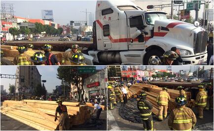 Vuelca tráiler con madera en avenida Revolución