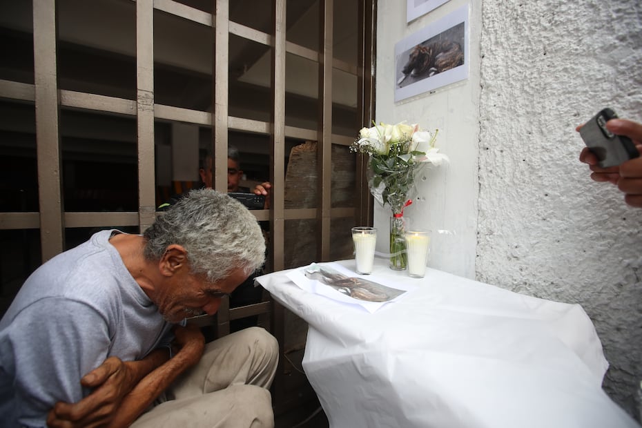 José Luis Capistran llora ante un altar colocado por vecinos a Zeus su perro que ayer fue ultimado al defenderlo. Foto: Francisco Rodríguez.