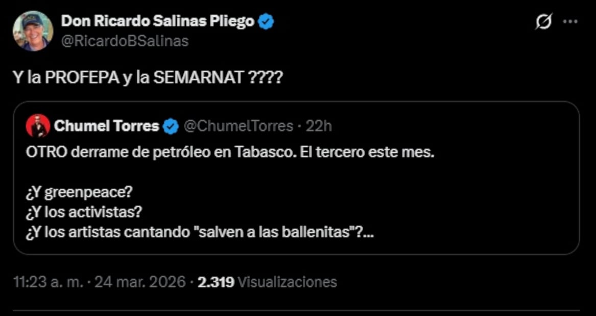 Salinas Pliego reacciona a derrame de petróleo en Golfo de México. Foto: Captura de pantalla
