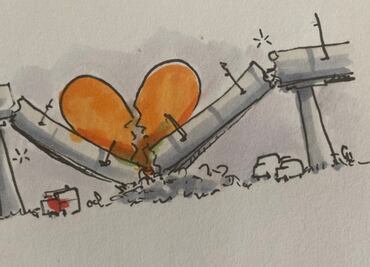 Un corazón partido y tres ilustraciones de rabia y tristeza por accidente en Metro Olivos