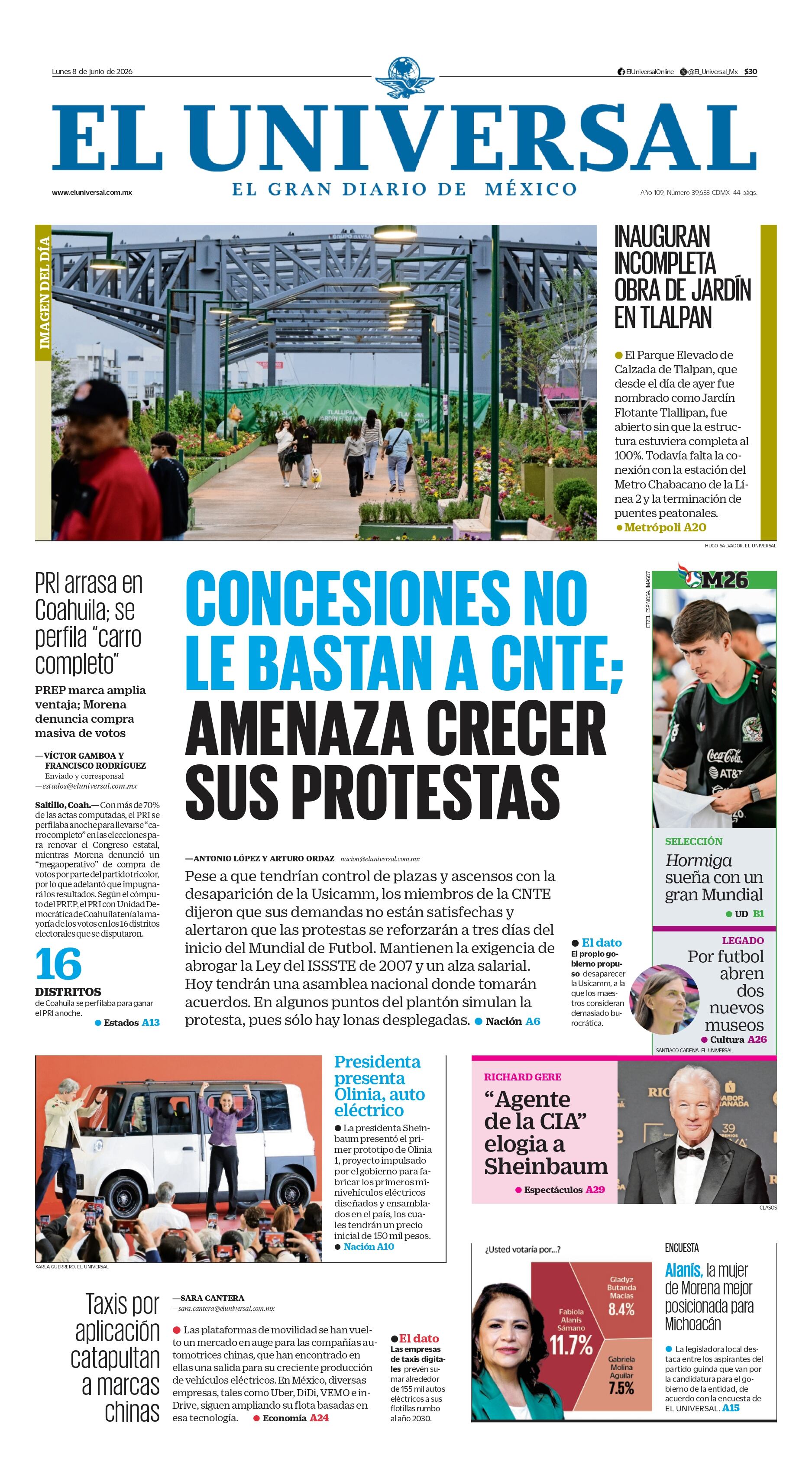 Portada impresa del 8 de junio de 2026