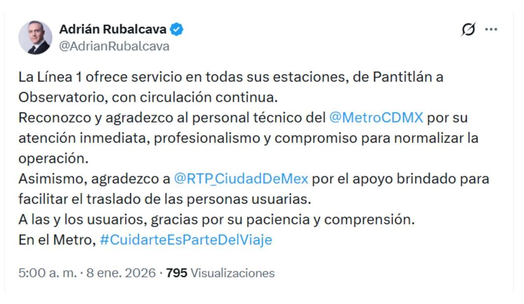 Línea 1 del Metro CDMX opera con normalidad. Foto: Captura de pantalla
