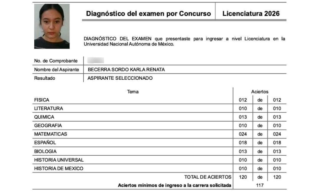 Karla Renata Becerra Sordo, logró un examen perfecto y entró a la Facultad de Medicina de la UNAM. Foto: Especial
