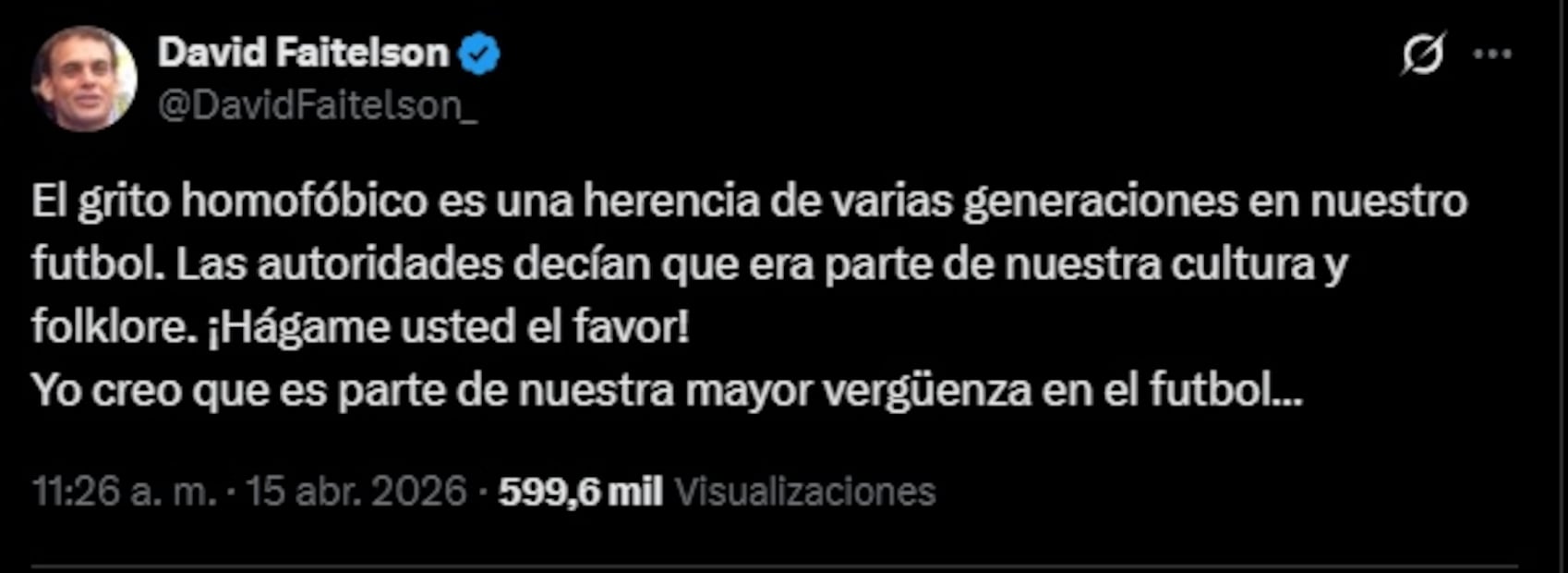 David Faitelson califica grito homofóbico como “parte de la mayor vergüenza del futbol". Foto: Captura de pantalla