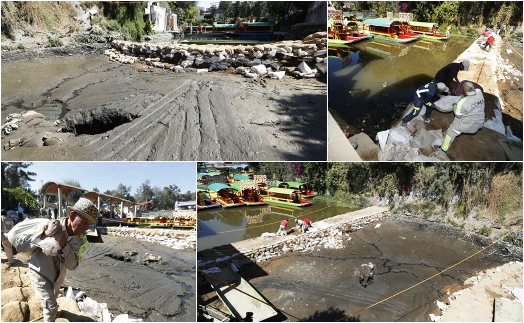 De acuerdo con información de Protección Civil de Xochimilco, el dique que se formó es de aproximadamente 20 metros de largo por 20 metros de ancho; es decir, unos 400 metros cuadrados se secaron. Foto: Luis Cortés/ EL UNIVERSAL