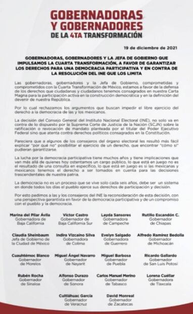 Gobernadores de la 4T piden al INE reconsiderar decisión de aplazar consulta de revocación de mandato
