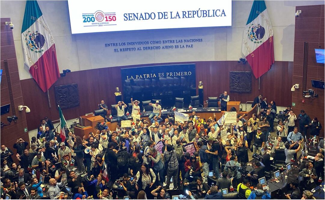 Manifestantes dan portazo en el pleno del Senado. Foto: Yaretzi Osnaya/EL UNIVERSAL