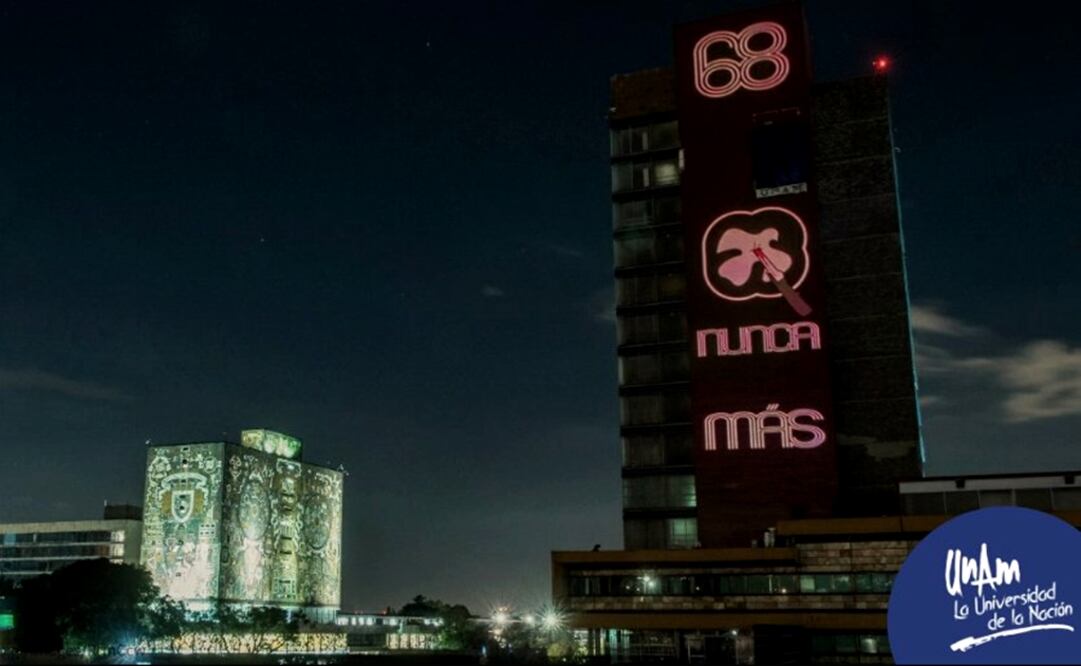 The superior part of the building features the number 68. Underneath, there is a dove wounded by the Mexican Army, and a sign that reads “Never again” - Photo: Taken from UNAM's official Twitter account