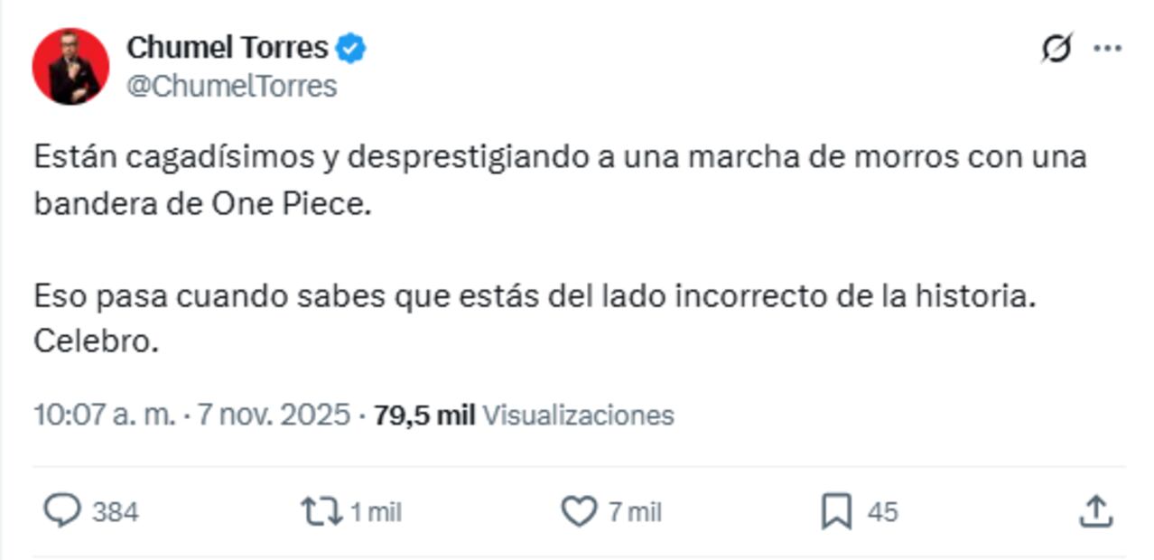 El presentador mexicano mostró su postura frente a la marcha convocada para el 15 de noviembre. Foto: Captura de pantalla @ChumelTorres