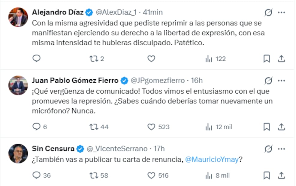 Comentarios en la publicación de disculpa de Mauricio Ymay en X. Foto: X