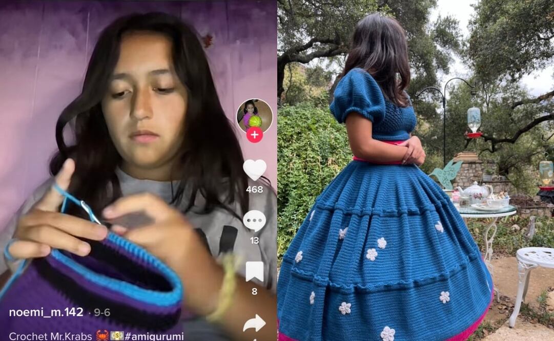 Una joven aprovechó su talento para tejer y elaboró su propio vestido de 15 años. Foto: TikTok @noemi_m.142