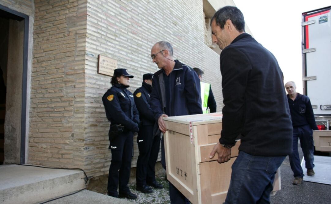 Imagen de la llegada al Monasterio de #Sijena de las piezas que estaban en posesión del Museo de Lérida. Foto: Twitter / Cultura Aragón