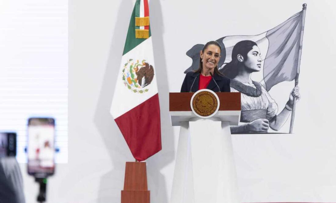 La presidenta Claudia Sheinbaum Pardo en conferencia de prensa matutina en el salón de la Tesorería de Palacio Nacional este 7 de julio del 2025. Foto: Presidencia.