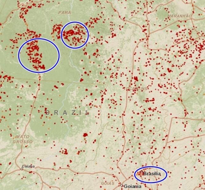 Distancia entre las principales ciudades de Brasil y el incendio del Amazonas